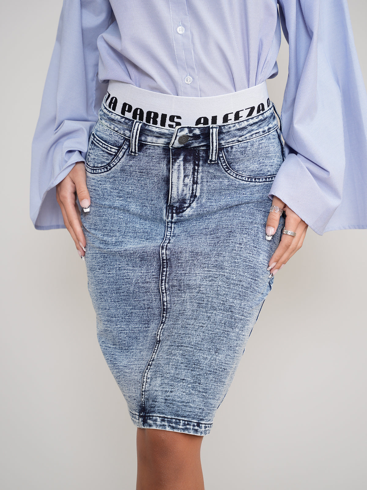 Denim Straight Skirt with Elastic Aleeza Waistband by Aleeza Paris – modest skirt in Denim