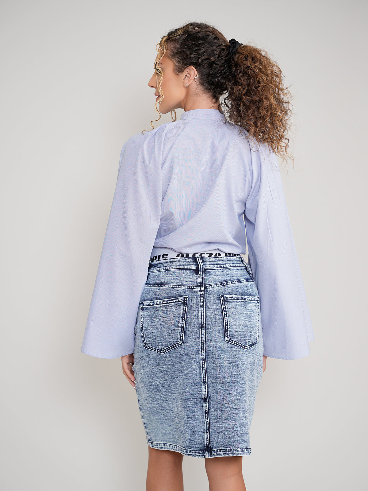 Denim Straight Skirt with Elastic Aleeza Waistband by Aleeza Paris – modest skirt in Denim