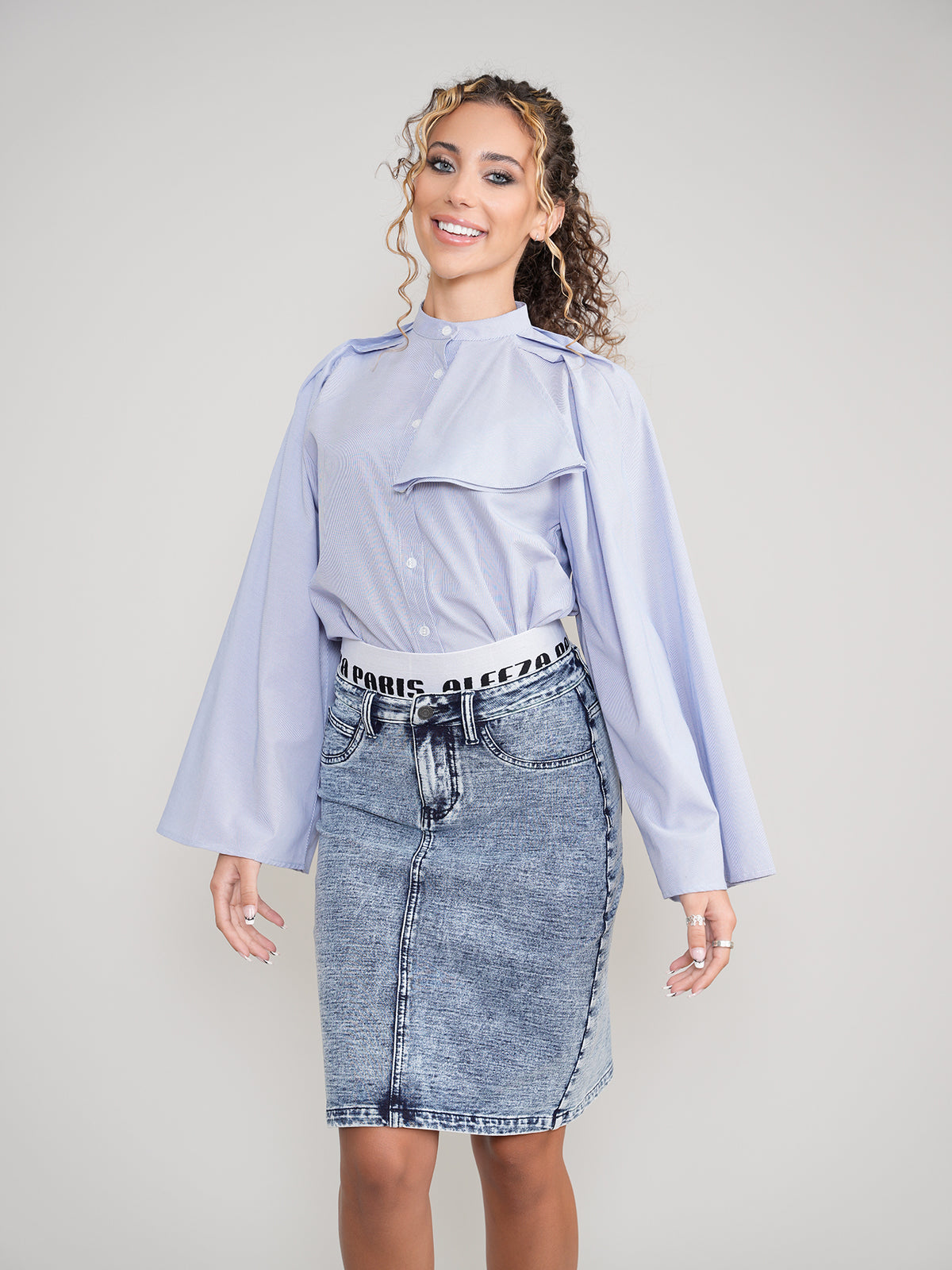 Denim Straight Skirt with Elastic Aleeza Waistband by Aleeza Paris – modest skirt in Denim
