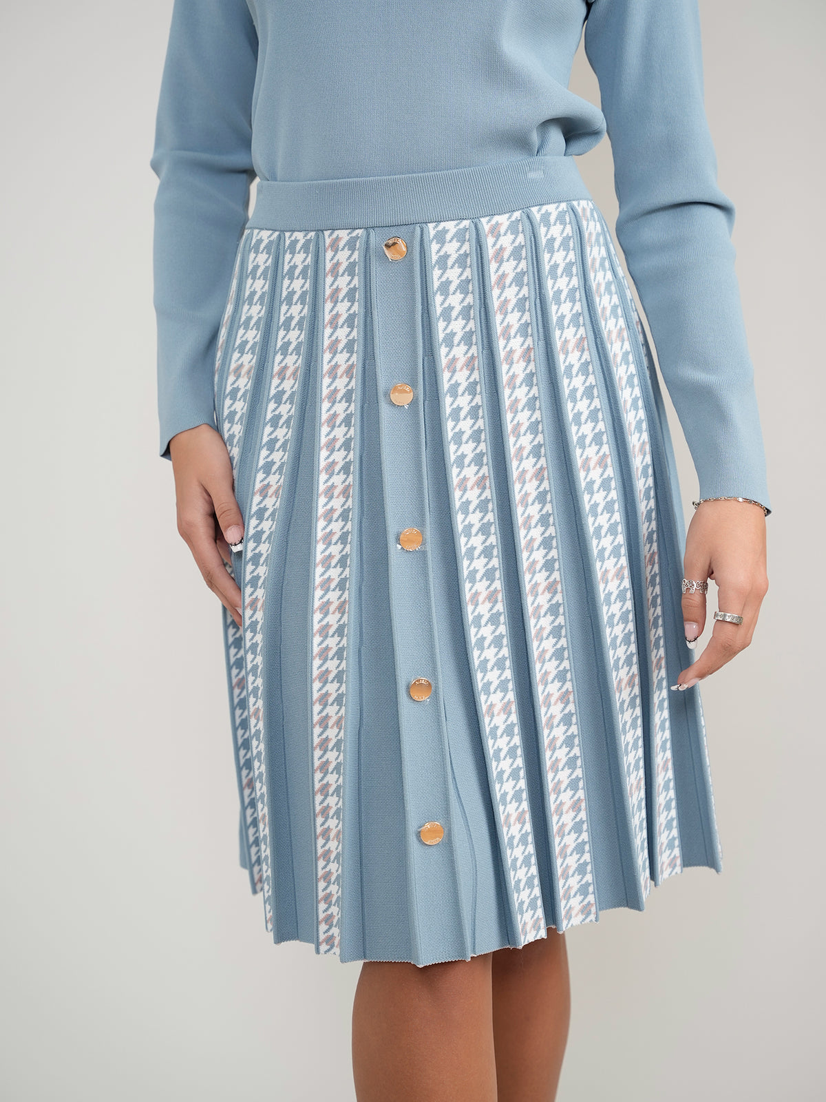 Aleeza Paris Houndstooth Pleated Skirt with Gold Buttons – modest skirt in Black