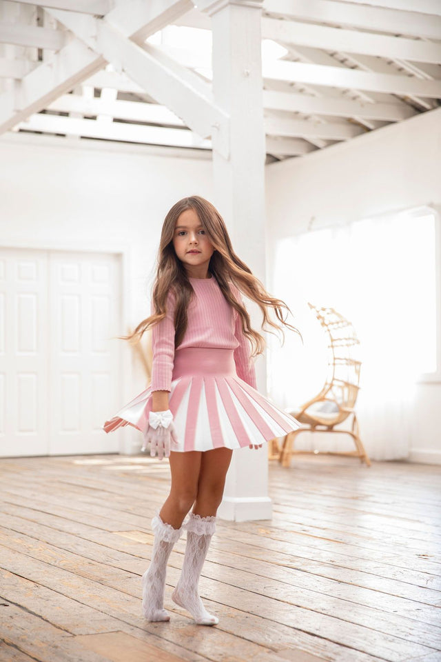 Pink Ribbed Knit Top And Skirt Set