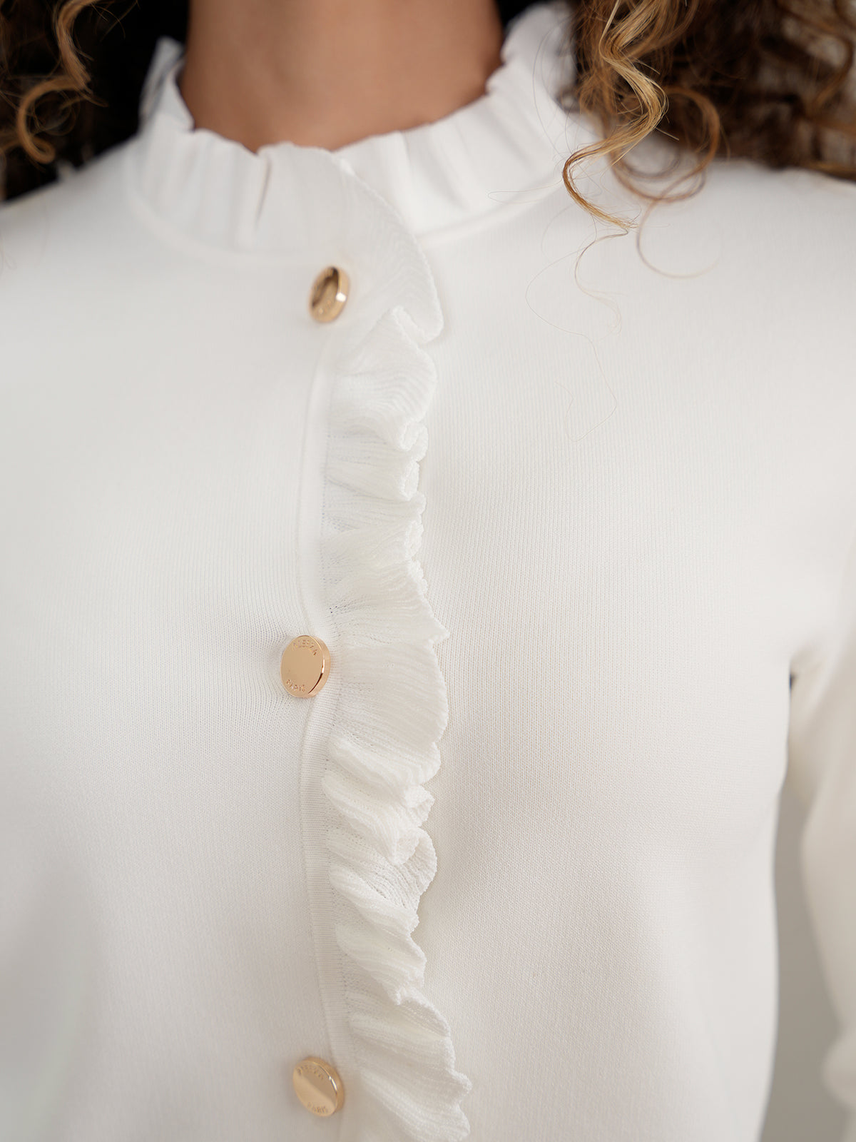 Aleeza Paris Knit Ruffle Top – modest top in White